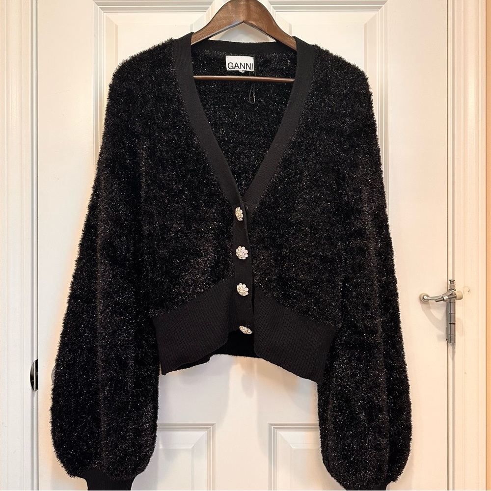 GANNI Tinsel Black Cardigan with Big Rhinestone Buttons Sz: S US4/6 Fall/Winter